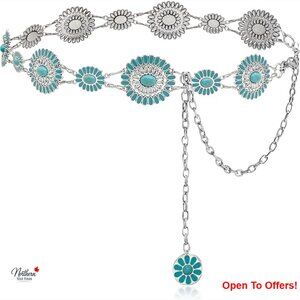 Turquoise Chain Belt with Silver Conchos for Western Style